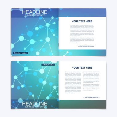 Kare broşür için şablonlar. Broşür kapak sunu. İş, bilim, teknoloji tasarım kitap düzeni. Bilimsel molekül arka plan