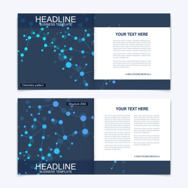 Kare broşür için şablonlar. Broşür kapak sunu. İş, bilim, teknoloji tasarım kitap düzeni. Bilimsel molekül arka plan