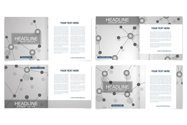 Négyzet alakú brosúra sablonjai. Szórólap borító prezentáció. Üzlet, tudomány, technológia design könyv elrendezés. Tudományos molekula háttér — Stock Vector