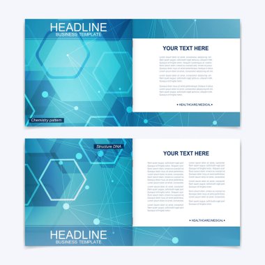 Kare broşür için şablonlar. Broşür kapak sunu. İş, bilim, teknoloji tasarım kitap düzeni. Bilimsel molekül arka plan