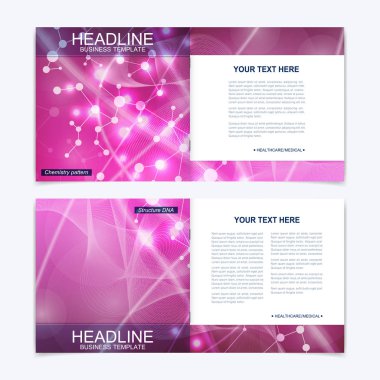 Kare broşür için şablonlar. Broşür kapak sunu. İş, bilim, teknoloji tasarım kitap düzeni. Bilimsel molekül arka plan
