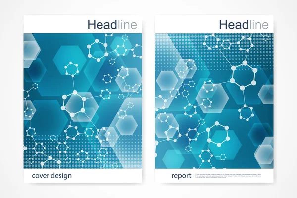 Modello di brochure scientifica. Layout volantino vettoriale, Struttura molecolare con linee e punti collegati. DNA atomo modello scientifico con elementi per rivista, opuscolo, copertina, disegno poster. — Vettoriale Stock