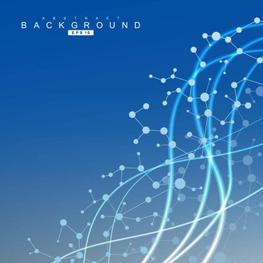 Yapı molekülü ve iletişim. DNA, atom, nöronlar. Tasarımınız için bilimsel bir kavram. Noktalarla birleştirilmiş çizgiler. Tıp, teknoloji, kimya, bilim geçmişi. Vektör illüstrasyonu.