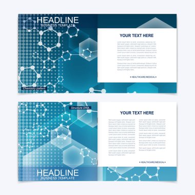 Kare broşür için şablonlar. Broşür kapak sunu. İş, bilim, teknoloji tasarım kitap düzeni. Bilimsel molekül arka plan