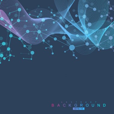 Yapı molekülü ve iletişim. DNA, atom, nöronlar. Tasarımınız için bilimsel bir kavram. Noktalarla birleştirilmiş çizgiler. Tıp, teknoloji, kimya, bilim geçmişi. Vektör illüstrasyonu.