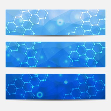 Bilimsel broşür tasarım şablonu. Vektör broşürü düzeni, birbirine bağlı çizgiler ve noktalarla moleküler yapı. Dergi, broşür, kapak, poster tasarımı için elementleri olan bilimsel desenli atom DNA 'sı.