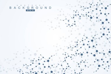 Yapı molekülü ve iletişim. DNA, atom, nöronlar. Tasarımınız için bilimsel bir kavram. Noktalarla birleştirilmiş çizgiler. Tıp, teknoloji, kimya, bilim geçmişi. Vektör illüstrasyonu.