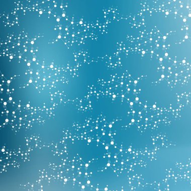 Yapı molekülü ve iletişim. DNA, atom, nöronlar. Tasarımınız için bilimsel bir kavram. Noktalarla birleştirilmiş çizgiler. Tıp, teknoloji, kimya, bilim geçmişi. Vektör illüstrasyonu.