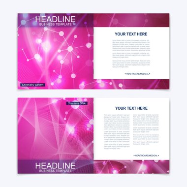 Kare broşür için şablonlar. Broşür kapak sunu. İş, bilim, teknoloji tasarım kitap düzeni. Bilimsel molekül arka plan