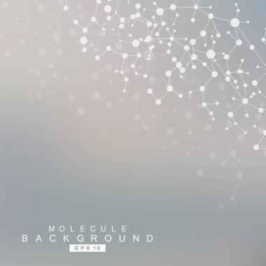 Yapı molekülü ve iletişim. DNA, atom, nöronlar. Tasarımınız için bilimsel bir kavram. Noktalarla birleştirilmiş çizgiler. Tıp, teknoloji, kimya, bilim geçmişi. Vektör illüstrasyonu.