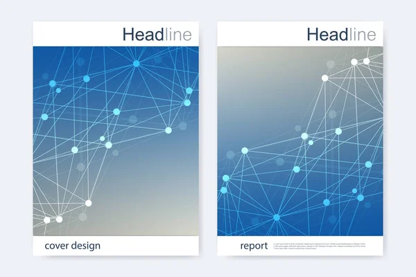 Template voor het ontwerpen van wetenschappelijke brochures. Vector flyer lay-out, Moleculaire structuur met verbonden lijnen en stippen. Wetenschappelijk patroon atoom DNA met elementen voor tijdschrift, folder, omslag, affiche ontwerp. — Stockvector