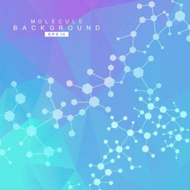 Yapı molekülü ve iletişim. DNA, atom, nöronlar. Tasarımınız için bilimsel bir kavram. Noktalarla birleştirilmiş çizgiler. Tıp, teknoloji, kimya, bilim geçmişi. Vektör illüstrasyonu.