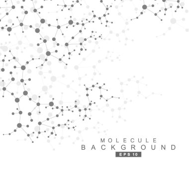 Yapı molekülü ve iletişim. DNA, atom, nöronlar. Tasarımınız için bilimsel bir kavram. Noktalarla birleştirilmiş çizgiler. Tıp, teknoloji, kimya, bilim geçmişi. Vektör illüstrasyonu.