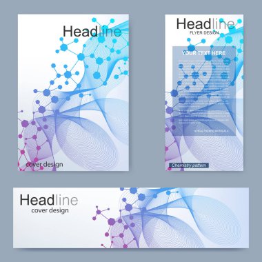 Broşür, A4 şablonu, afiş ayarla. Birbirine bağlı çizgiler ve noktalar olan moleküler yapı. Dergi, broşür, kapak, poster tasarımı için elementleri olan bilimsel desenli atom DNA 'sı.