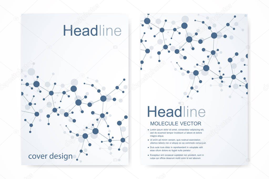 Scientific brochure design template. Vector flyer layout, Molecular structure with connected lines and dots. Scientific pattern atom DNA with elements for magazine, leaflet, cover, poster design.