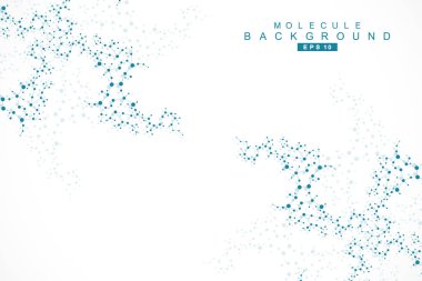 Yapı molekülü ve iletişim. DNA, atom, nöronlar. Tasarımınız için bilimsel bir kavram. Noktalarla birleştirilmiş çizgiler. Tıp, teknoloji, kimya, bilim geçmişi. Vektör illüstrasyonu.