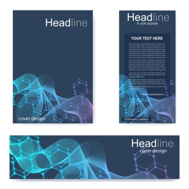 Broşür, A4 şablonu, afiş ayarla. Birbirine bağlı çizgiler ve noktalar olan moleküler yapı. Dergi, broşür, kapak, poster tasarımı için elementleri olan bilimsel desenli atom DNA 'sı.