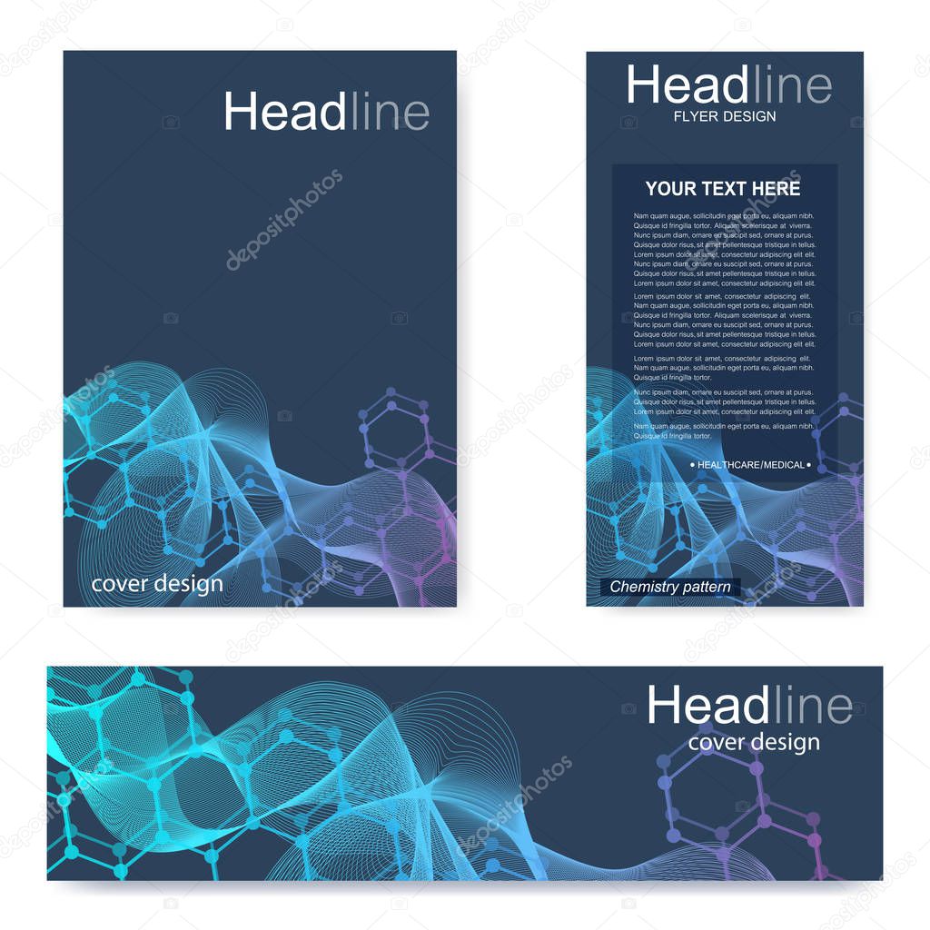 Set flyer, brochure size A4 template,banner. Molecular structure with connected lines and dots. Scientific pattern atom DNA with elements for magazine, leaflet, cover, poster design.