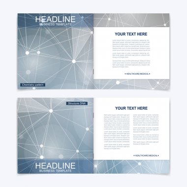 Kare broşür için şablonlar. Broşür kapak sunu. İş, bilim, teknoloji tasarım kitap düzeni. Bilimsel molekül arka plan