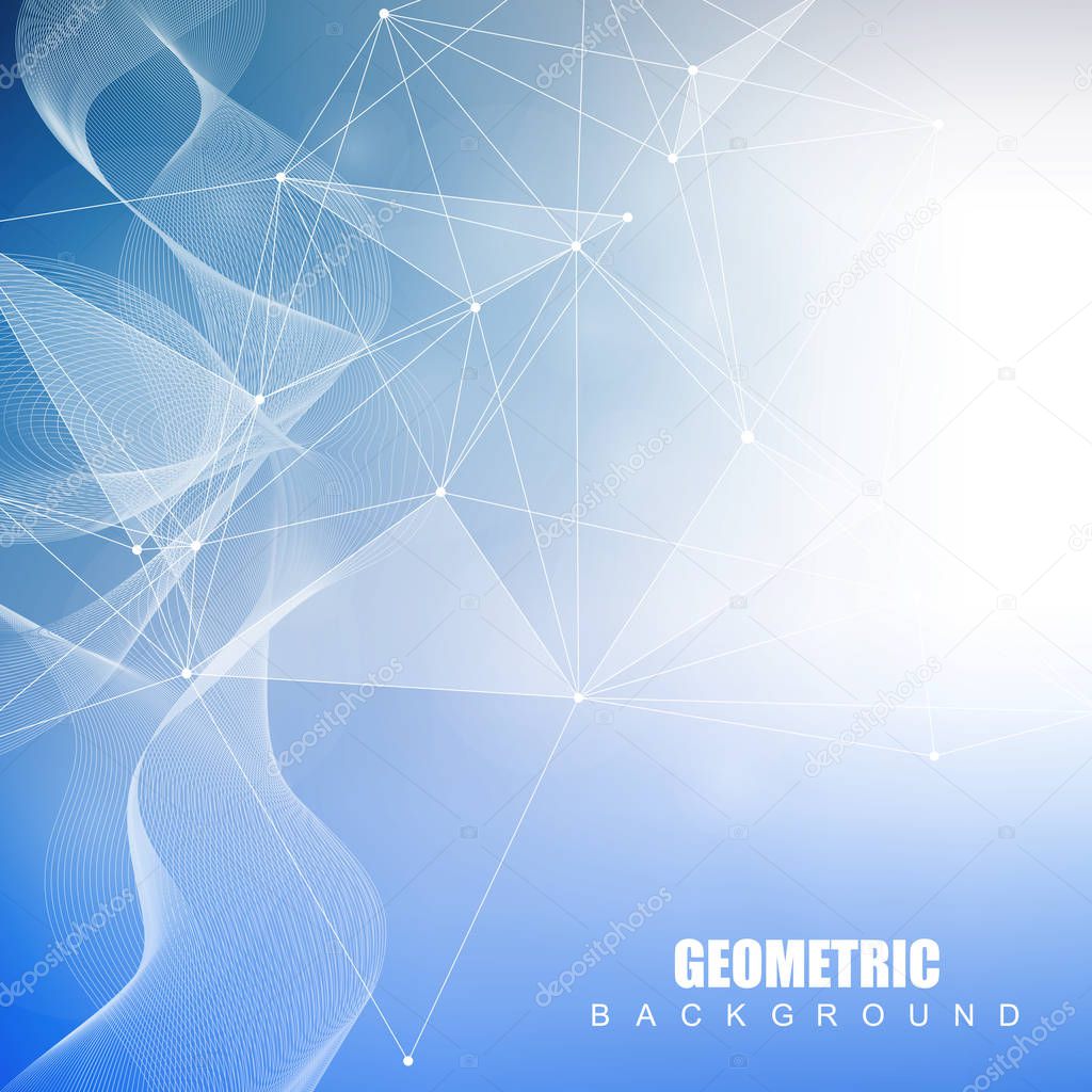 Geometric abstract background with connected line and dots. Structure molecule and communication. Scientific concept for your design. Medical, technology, science background. Vector illustration.