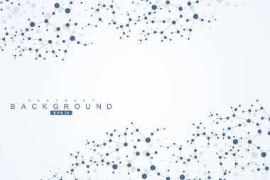 Yapı molekülü ve iletişim. DNA, atom, nöronlar. Tasarımınız için bilimsel bir kavram. Noktalarla birleştirilmiş çizgiler. Tıp, teknoloji, kimya, bilim geçmişi. Vektör illüstrasyonu.