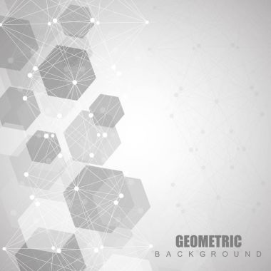 Bağlı çizgi ve noktalarla Geometrik soyut arkaplan. Yapı molekülü ve iletişim. Tasarımınız için bilimsel bir kavram. Tıp, teknoloji, bilim geçmişi. resimleme.