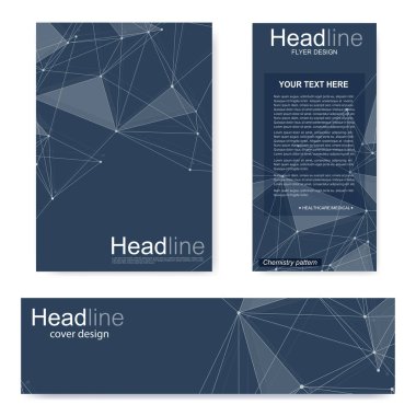 Broşür, A4 şablonu, afiş ayarla. Birbirine bağlı çizgiler ve noktalar olan moleküler yapı. Dergi, broşür, kapak, poster tasarımı için elementleri olan bilimsel desenli atom DNA 'sı.
