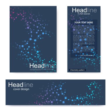 Broşür, A4 şablonu, afiş ayarla. Birbirine bağlı çizgiler ve noktalar olan moleküler yapı. Dergi, broşür, kapak, poster tasarımı için elementleri olan bilimsel desenli atom DNA 'sı.