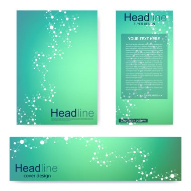 Broşür, A4 şablonu, afiş ayarla. Birbirine bağlı çizgiler ve noktalar olan moleküler yapı. Dergi, broşür, kapak, poster tasarımı için elementleri olan bilimsel desenli atom DNA 'sı.