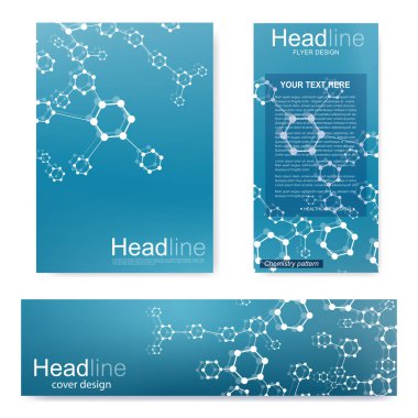 Broşür, A4 şablonu, afiş ayarla. Birbirine bağlı çizgiler ve noktalar olan moleküler yapı. Dergi, broşür, kapak, poster tasarımı için elementleri olan bilimsel desenli atom DNA 'sı.