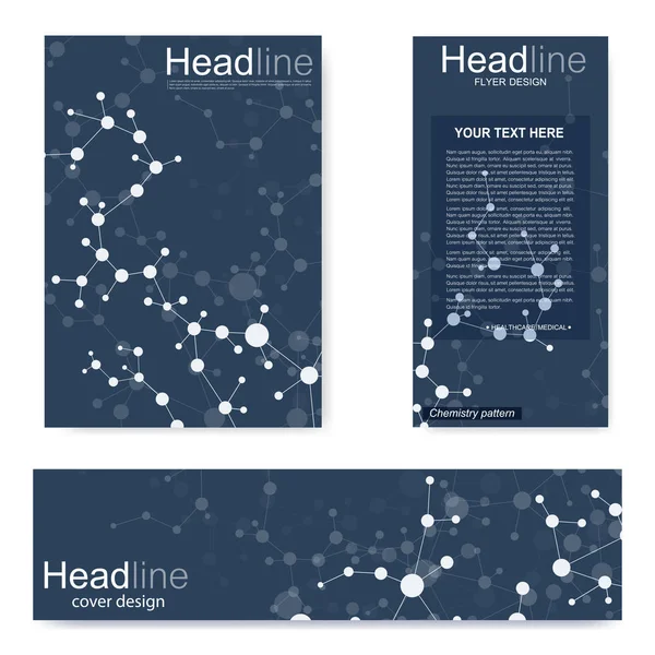 Broşür, A4 şablonu, afiş ayarla. Birbirine bağlı çizgiler ve noktalar olan moleküler yapı. Dergi, broşür, kapak, poster tasarımı için elementleri olan bilimsel desenli atom DNA 'sı.