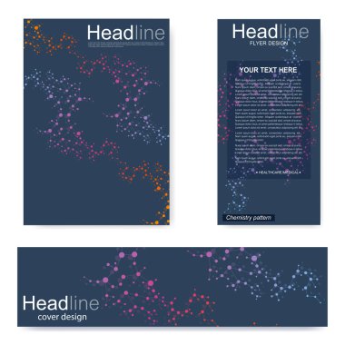 Broşür, A4 şablonu, afiş ayarla. Birbirine bağlı çizgiler ve noktalar olan moleküler yapı. Dergi, broşür, kapak, poster tasarımı için elementleri olan bilimsel desenli atom DNA 'sı.