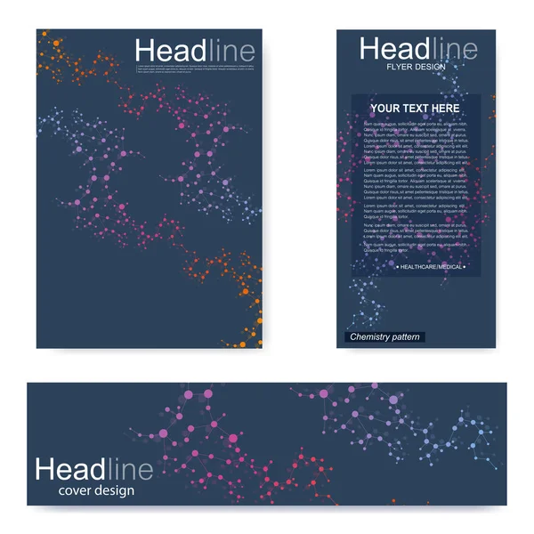 Broşür, A4 şablonu, afiş ayarla. Birbirine bağlı çizgiler ve noktalar olan moleküler yapı. Dergi, broşür, kapak, poster tasarımı için elementleri olan bilimsel desenli atom DNA 'sı.