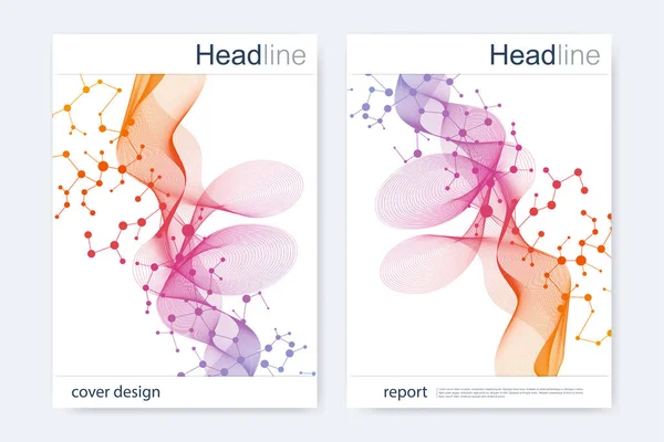 Modèle de conception de brochure scientifique. Présentation vectorielle du flyer, structure moléculaire avec lignes et points connectés. Modèle scientifique ADN atome avec des éléments pour magazine, dépliant, couverture, poster design. — Image vectorielle