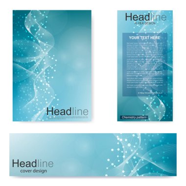 Broşür, A4 şablonu, afiş ayarla. Birbirine bağlı çizgiler ve noktalar olan moleküler yapı. Dergi, broşür, kapak, poster tasarımı için elementleri olan bilimsel desenli atom DNA 'sı.