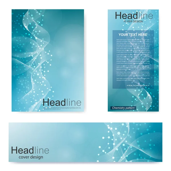 Broşür, A4 şablonu, afiş ayarla. Birbirine bağlı çizgiler ve noktalar olan moleküler yapı. Dergi, broşür, kapak, poster tasarımı için elementleri olan bilimsel desenli atom DNA 'sı.
