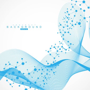 Yapı molekülü ve iletişim. DNA, atom, nöronlar. Tasarımınız için bilimsel bir kavram. Noktalarla birleştirilmiş çizgiler. Tıp, teknoloji, kimya, bilim geçmişi. Vektör illüstrasyonu.