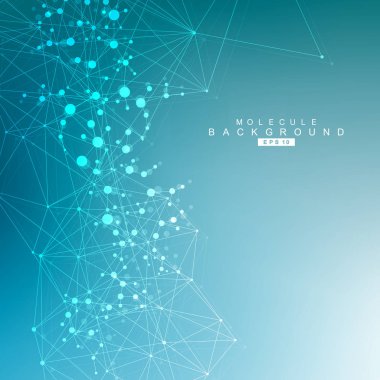 Yapı molekülü ve iletişim. DNA, atom, nöronlar. Tasarımınız için bilimsel bir kavram. Noktalarla birleştirilmiş çizgiler. Tıp, teknoloji, kimya, bilim geçmişi. Vektör illüstrasyonu.
