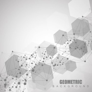 Yapı molekülü ve iletişim. DNA, atom, nöronlar. Tasarımınız için bilimsel bir kavram. Noktalarla birleştirilmiş çizgiler. Tıp, teknoloji, kimya, bilim geçmişi. Vektör illüstrasyonu.