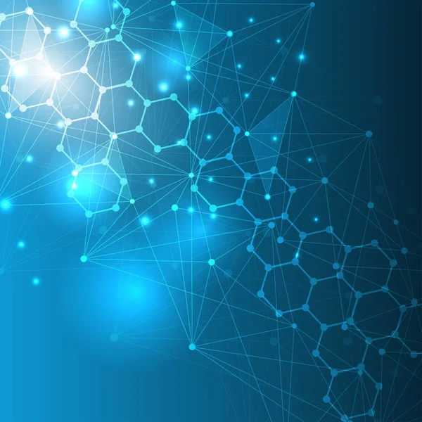 Yapı molekülü ve iletişim. DNA, atom, nöronlar. Tasarımınız için bilimsel bir kavram. Noktalarla birleştirilmiş çizgiler. Tıp, teknoloji, kimya, bilim geçmişi. Vektör illüstrasyonu.