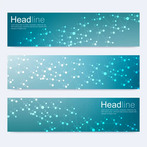 Ensemble scientifique de bannières vectorielles modernes. Structure des molécules d'ADN avec des lignes et des points connectés. Fond vectoriel scientifique. Médecine, technologie, chimie . — Image vectorielle