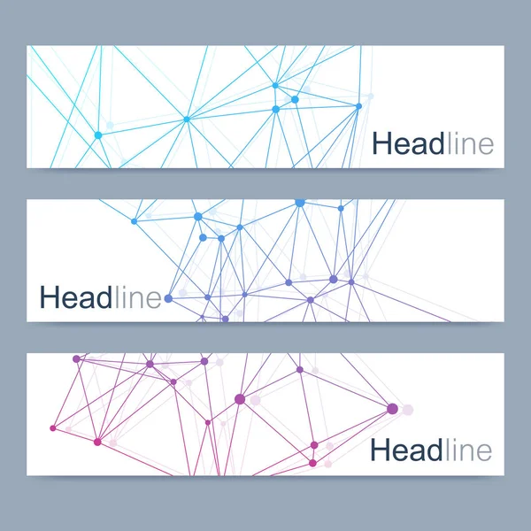 现代向量横幅的科学设置。Dna 分子的结构与连接的线和点。科学向量背景。医疗、 技术，化学设计. — 图库矢量图片