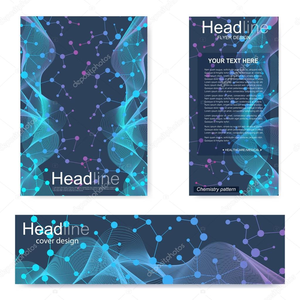 Set flyer, brochure size A4 template,banner. Molecular structure with connected lines and dots. Scientific pattern atom DNA with elements for magazine, leaflet, cover, poster design.