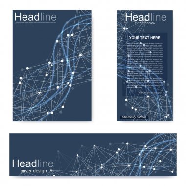 Broşür, A4 şablonu, afiş ayarla. Birbirine bağlı çizgiler ve noktalar olan moleküler yapı. Dergi, broşür, kapak, poster tasarımı için elementleri olan bilimsel desenli atom DNA 'sı.