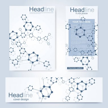 Broşür, A4 şablonu, afiş ayarla. Birbirine bağlı çizgiler ve noktalar olan moleküler yapı. Dergi, broşür, kapak, poster tasarımı için elementleri olan bilimsel desenli atom DNA 'sı.