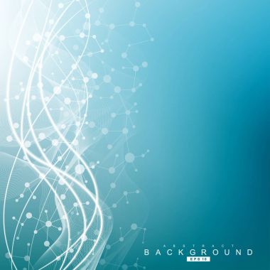 Yapı molekülü ve iletişim. DNA, atom, nöronlar. Tasarımınız için bilimsel bir kavram. Noktalarla birleştirilmiş çizgiler. Tıp, teknoloji, kimya, bilim geçmişi. Vektör illüstrasyonu.