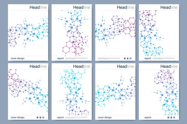 Modelo de diseño de folleto científico. Diseño de volante vectorial, estructura molecular con líneas y puntos conectados. Patrón científico DNA átomo con elementos para revista, folleto, portada, diseño de póster. — Vector de stock