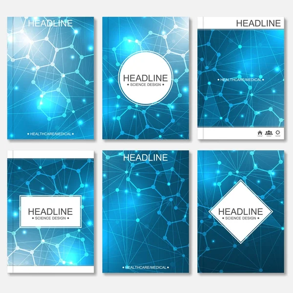 Scientific brochure design 템플릿. 벡터 플라이어 레이아웃, 선과 점이 연결 된 분자 구조. 잡지, 전단, 표지, 포스터 디자인의 요소가 들어 있는 과학적 패턴 원자 DNA. — 스톡 벡터