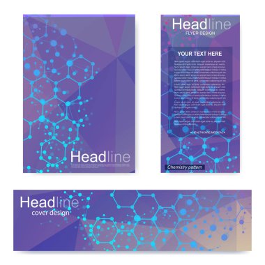 Broşür, A4 şablonu, afiş ayarla. Birbirine bağlı çizgiler ve noktalar olan moleküler yapı. Dergi, broşür, kapak, poster tasarımı için elementleri olan bilimsel desenli atom DNA 'sı.
