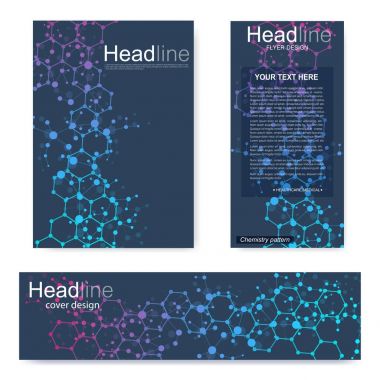 Broşür, A4 şablonu, afiş ayarla. Birbirine bağlı çizgiler ve noktalar olan moleküler yapı. Dergi, broşür, kapak, poster tasarımı için elementleri olan bilimsel desenli atom DNA 'sı.